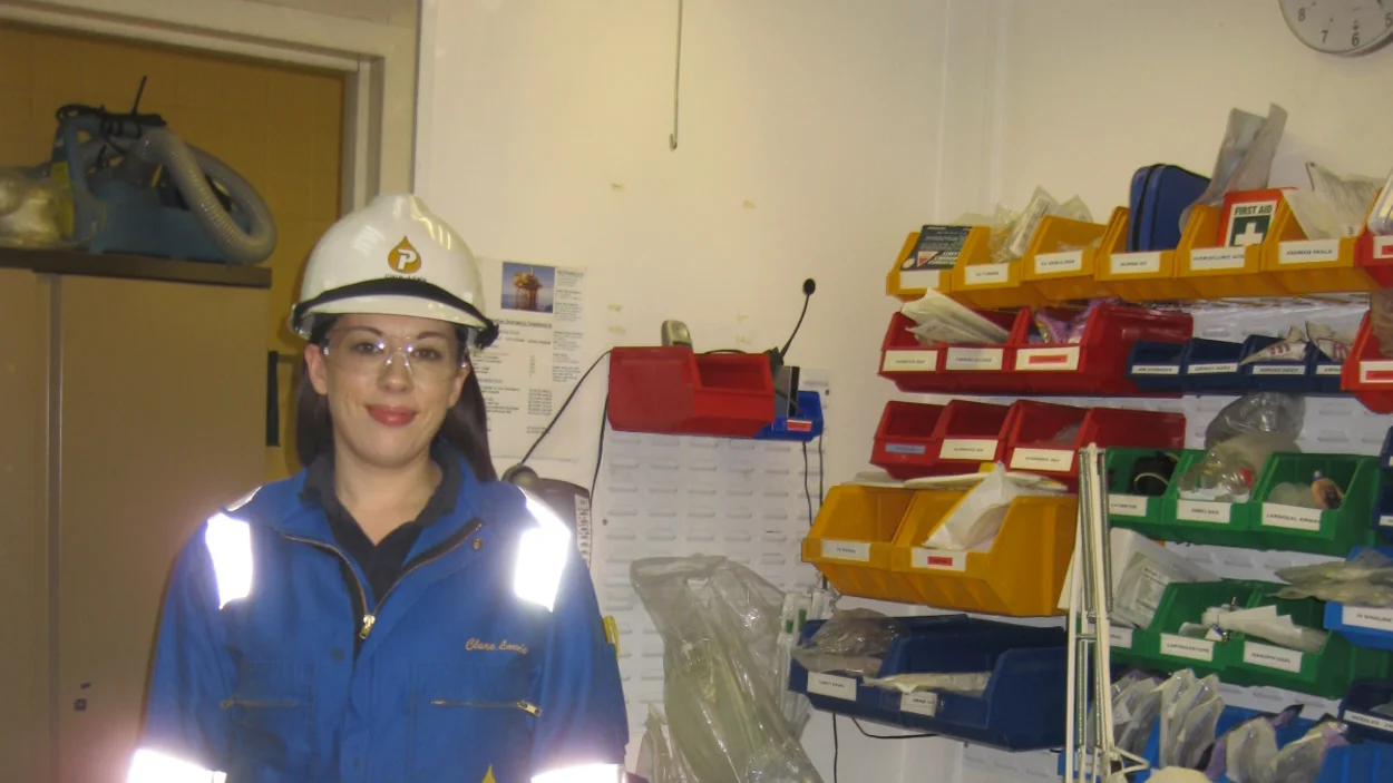 Clare Partridge, Head of Health and Safety at Holcim UK while working on an oil rig