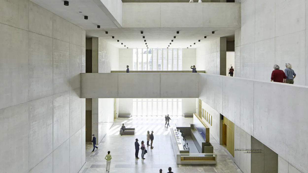 Kunsthause building lobby with people walking