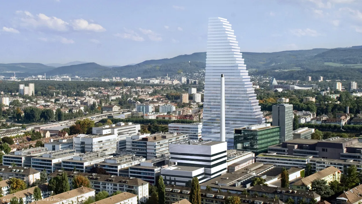 drone image of Roche Tower highrise building over the city