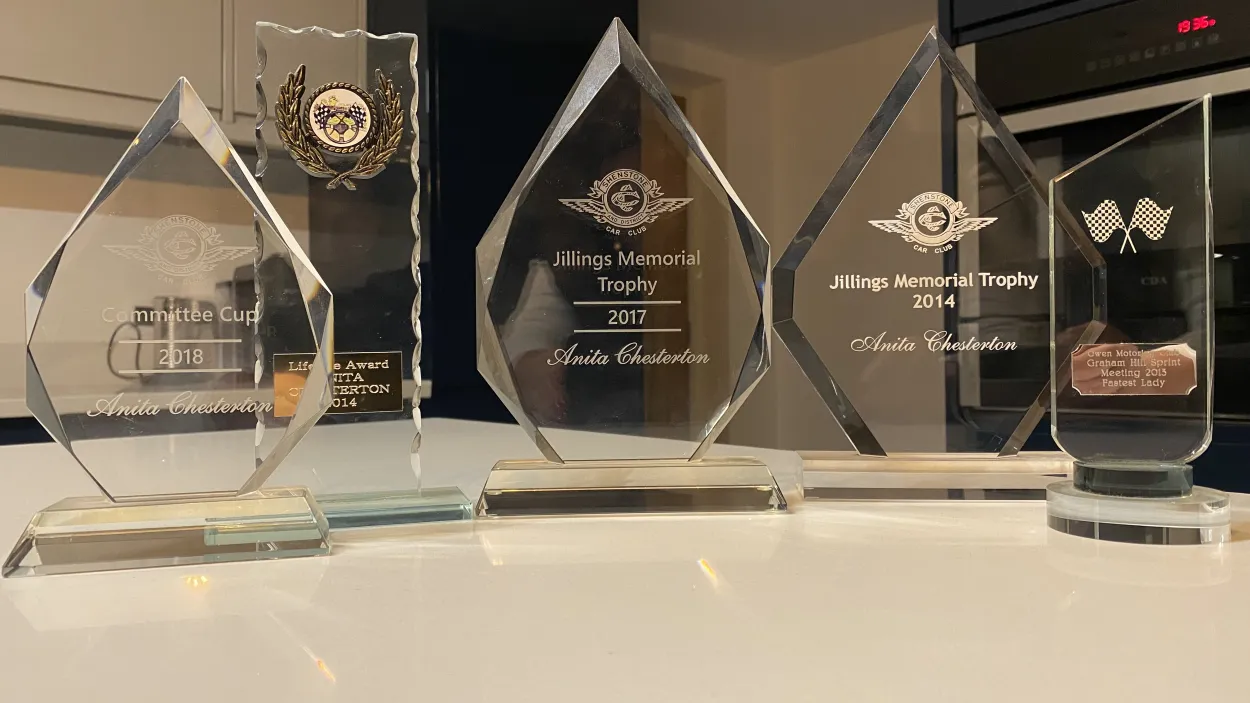 Anita Chesteron's trophies from rally driving races