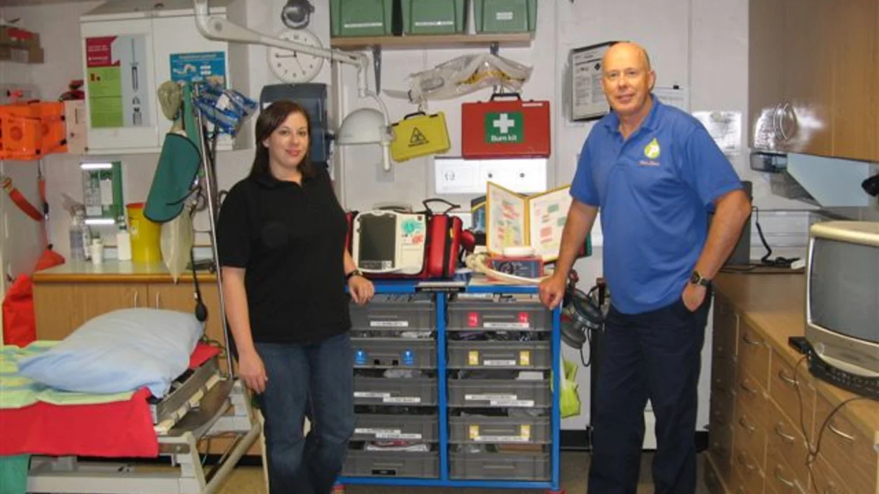 Clare Partridge, Head of Health and Safety at Holcim UK in her previopus role with a collegaue in the oil rig medical room