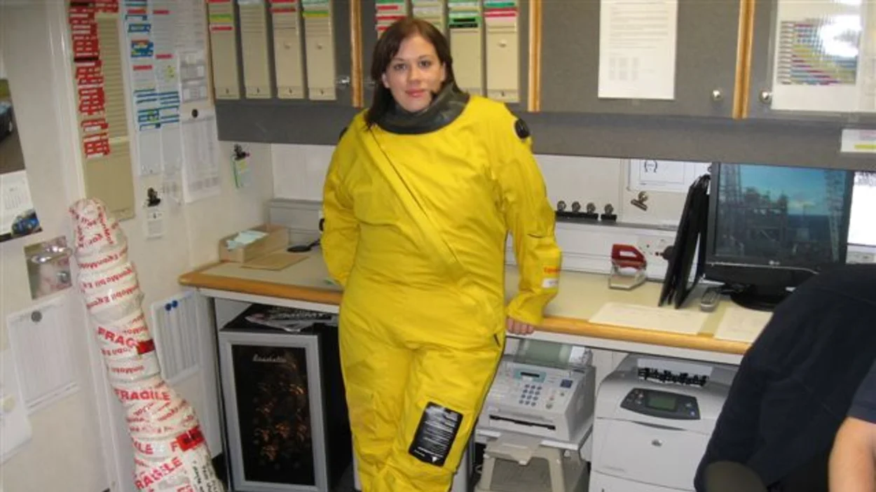 Clare Partridge, Head of Health and Safety at Holcim UK pictured in safety gear onboard an oil rig