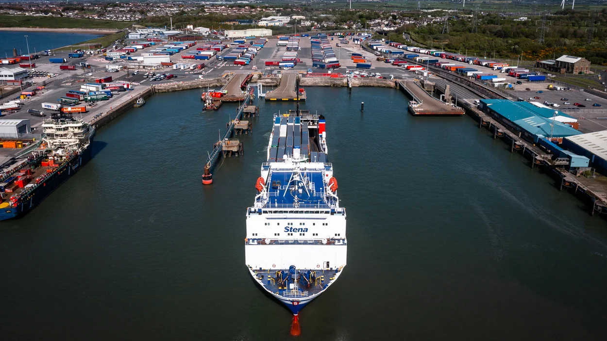 An aerial view of a ship docking at Heysham Port in Lancashire
