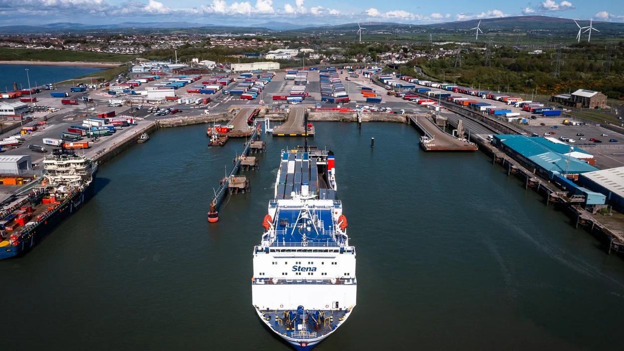 An aerial view of a ship docking at Heysham Port in Lancashire