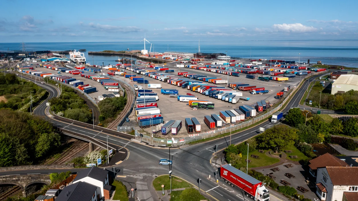 An aerial view of the new lorry trailer park at Heysham Port, Lancashire.