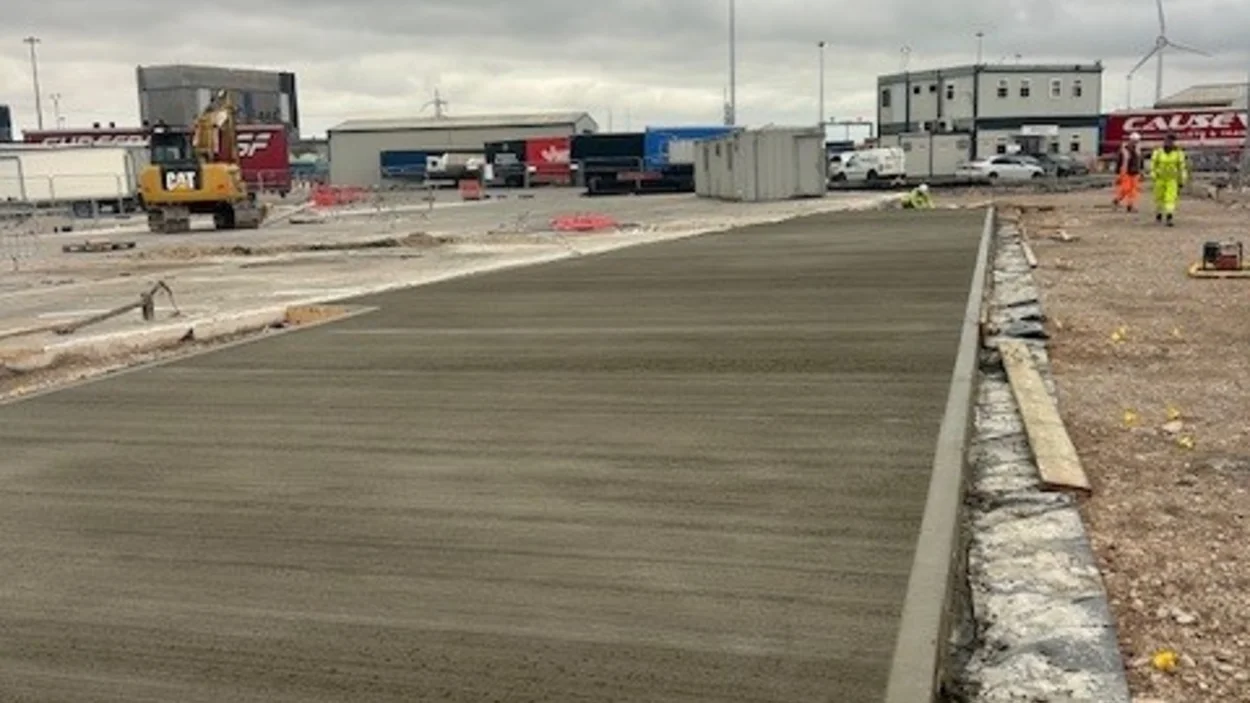 A view of the newly laid Strike concrete being used to provide reinforced lanes at Heysham Port in Lancashire