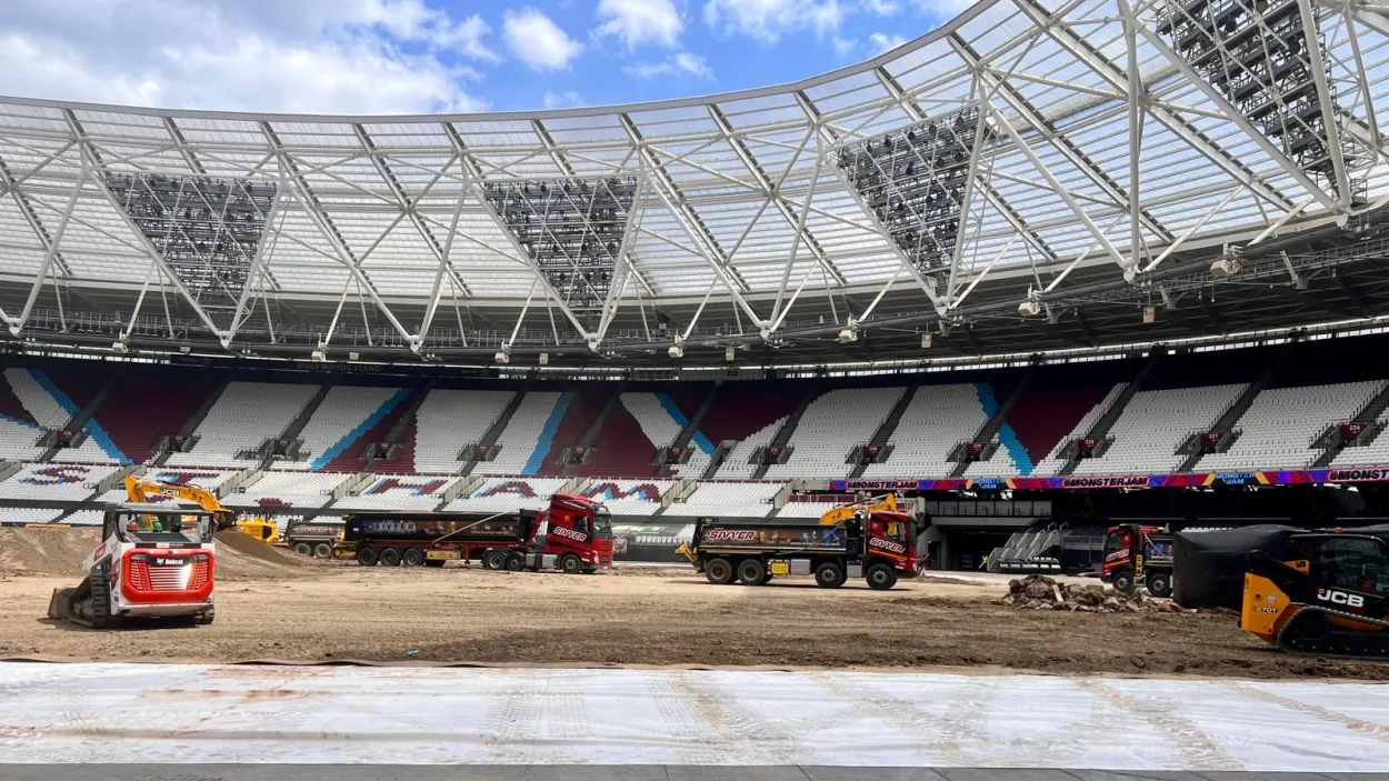 Inside the London Stadium with Sivyer trucks moving aggregate around