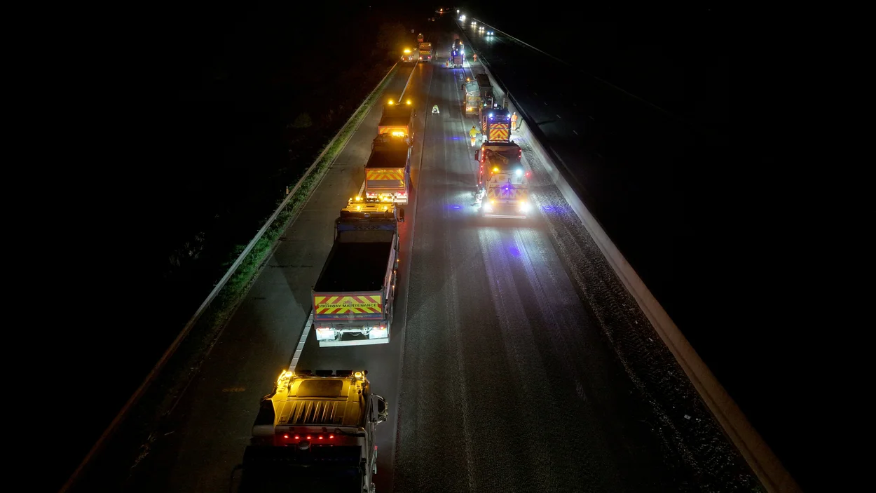 An aerial view of vehicles involved in the resurfacing of the M5 motorway