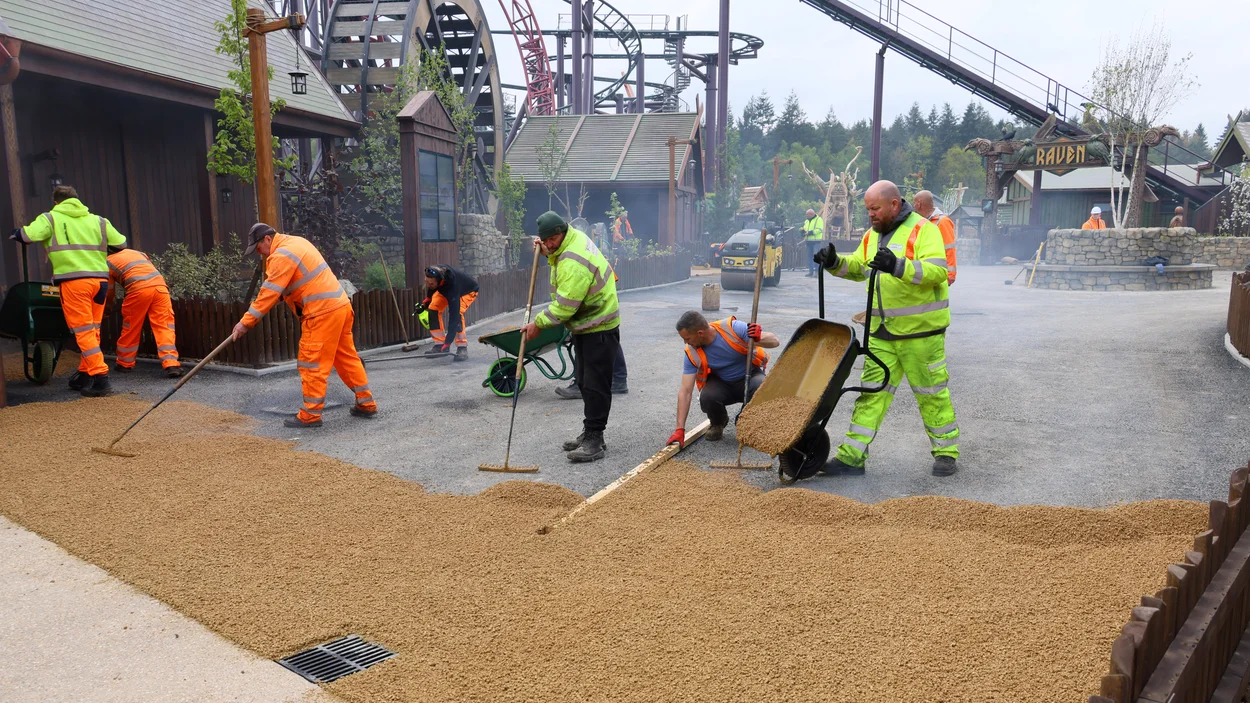 Contractors laying Holcim's Supercolour Ultra Buff at Paultons Park new Viking realm