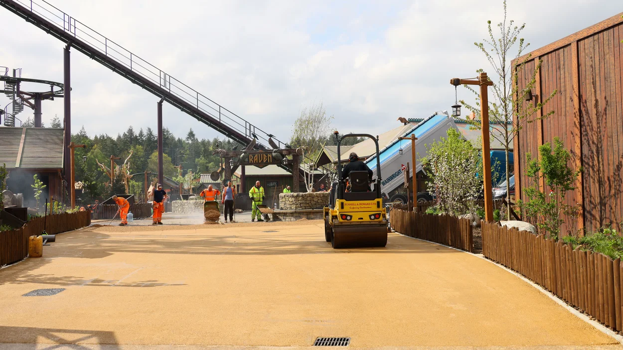 Contractors laying Holcim's Supercolour Ultra Buff at Paultons Park new Viking realm