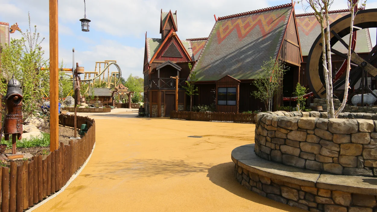 A pedestrianised area finished in Holcim's Supercolour Ultra Buff at Paultons Park