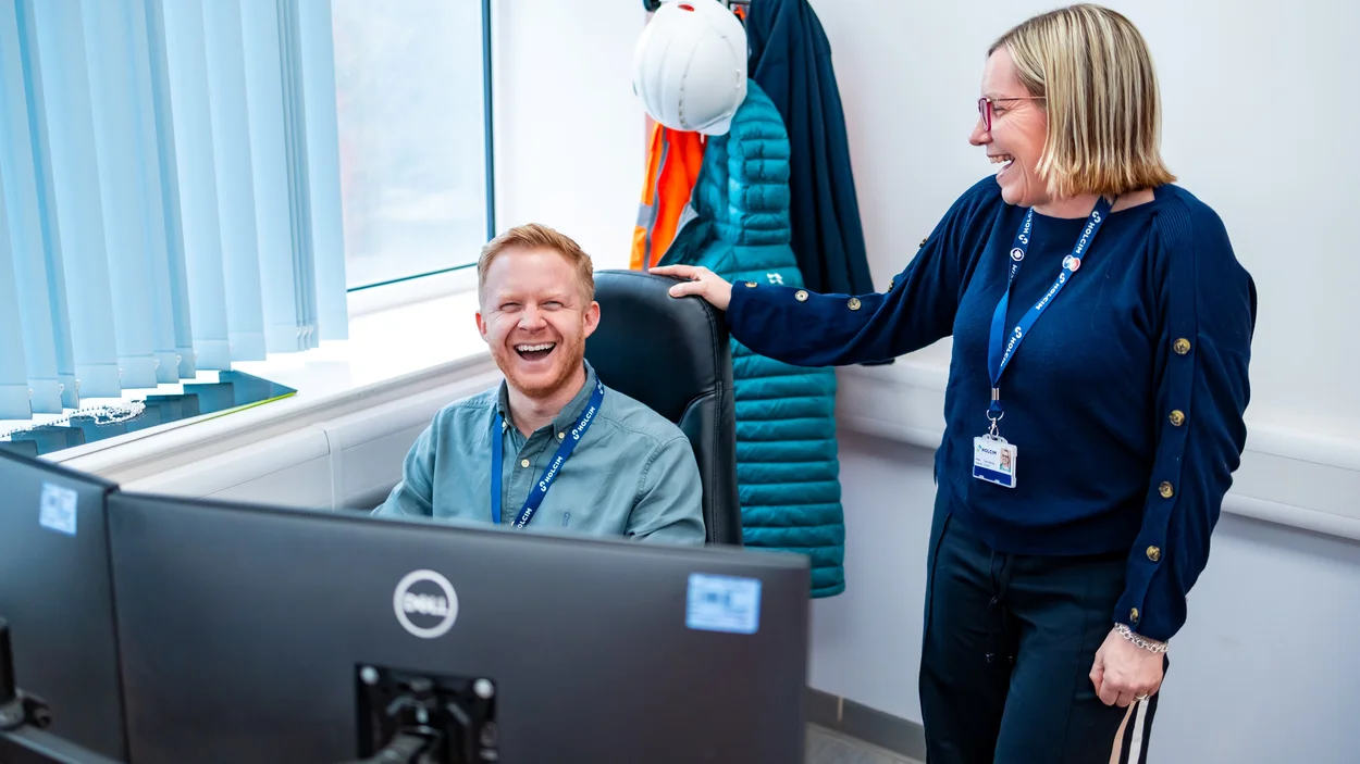 Holcim UK Head of Sustainability Tom Redfern with a colleague in the offices at Cauldon Cement
