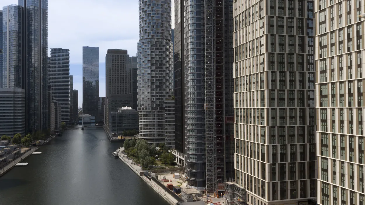 flying over the river at Wood Wharf