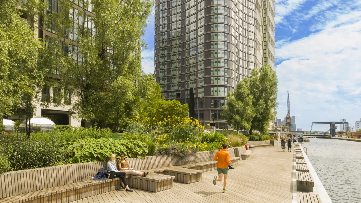 Wood Wharf project in London along waterfront with runners