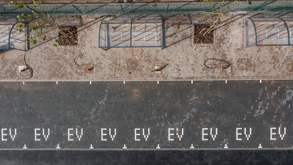 Aerial shot of EV charging spaces