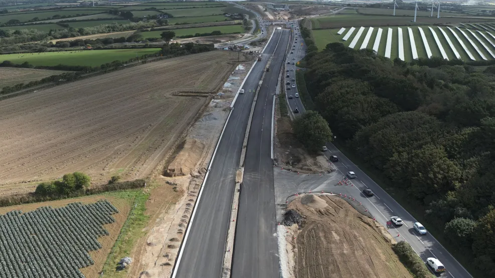 A30 Carriageway from above with a solar farm in the background