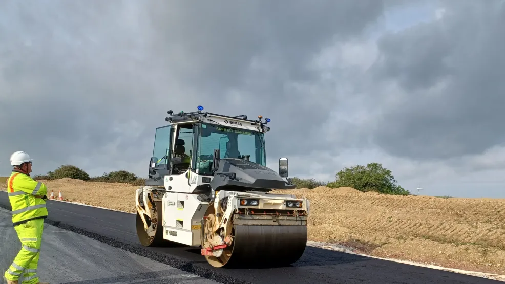 Roller flattening asphalt on the A30 Carriageway