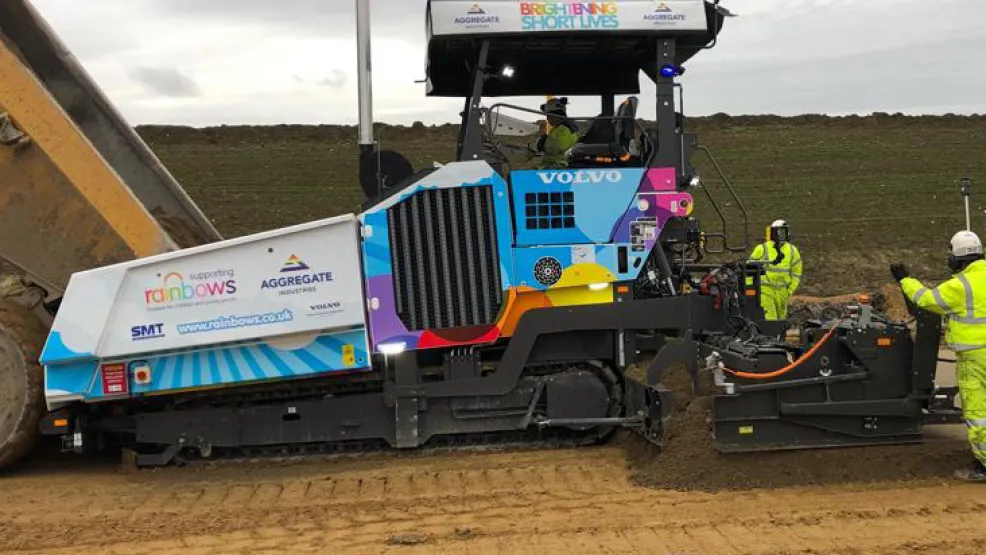 A paver on the A14 that has a multicoloured paint job
