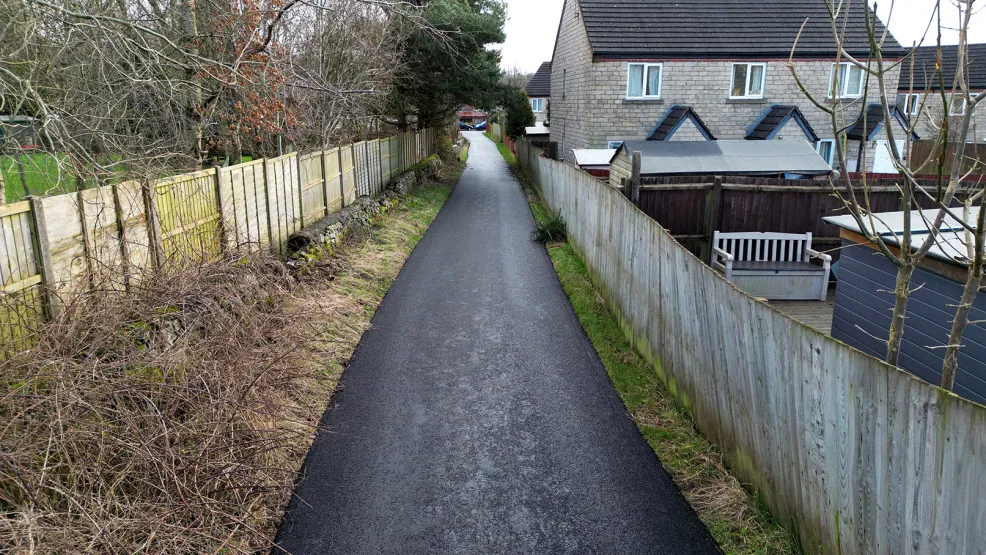 Drone shot of a newly laid path in Waterhouses, Staffordshire