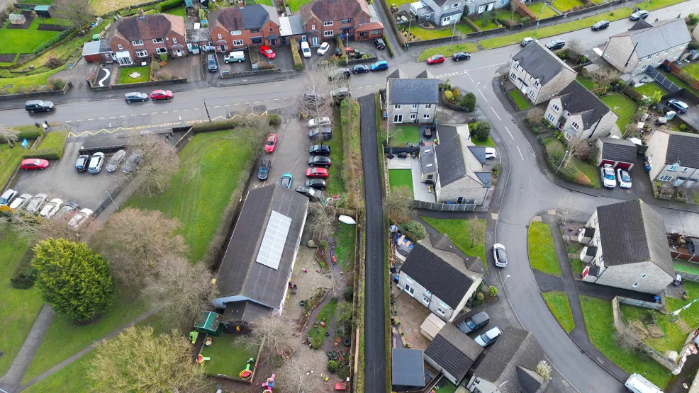 Drone shot of a newly laid path in Waterhouses, Staffordshire