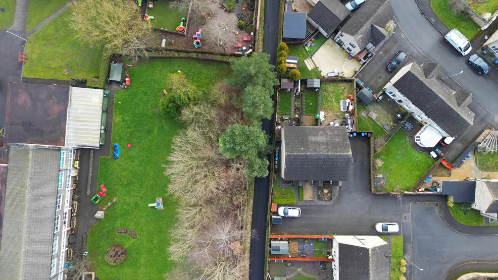 Top-Down drone image of a newly laid path in Waterhouses, Staffordshire