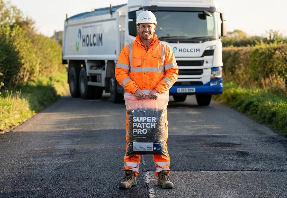 Man wearing PPE holding a bag of asphalt on a road with an asphalt truck in the background