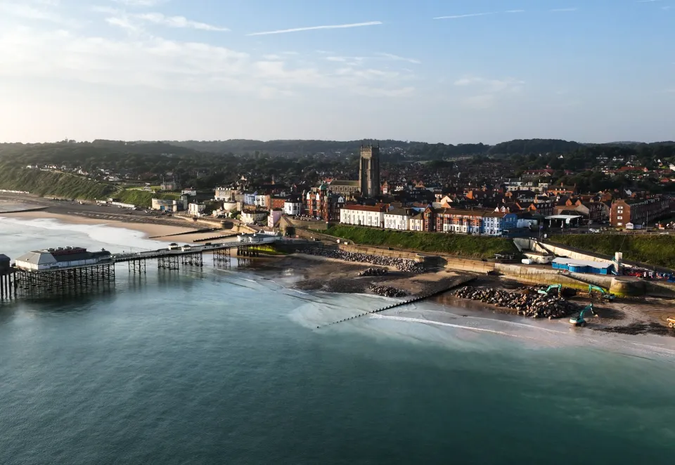 Rockarmour aggregates from Aggregate Industries' Glensanda Quarry being used for coastal defences at Cromer in North Norfolk