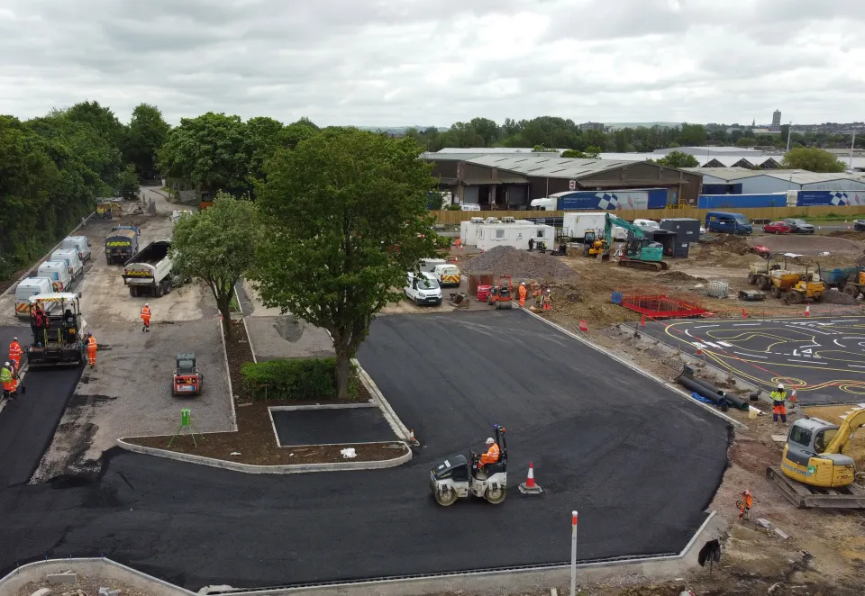 drone image of a carpark being resurfaced in Swindon