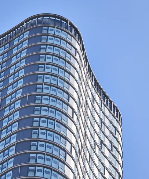 View looking up at wood wharf building