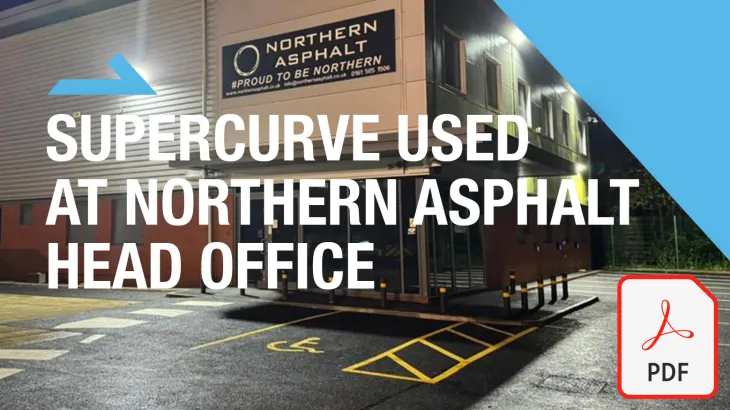 text reading "Supercurve used at Norther Ssphalt head office" over an image of a car park with a pdf logo