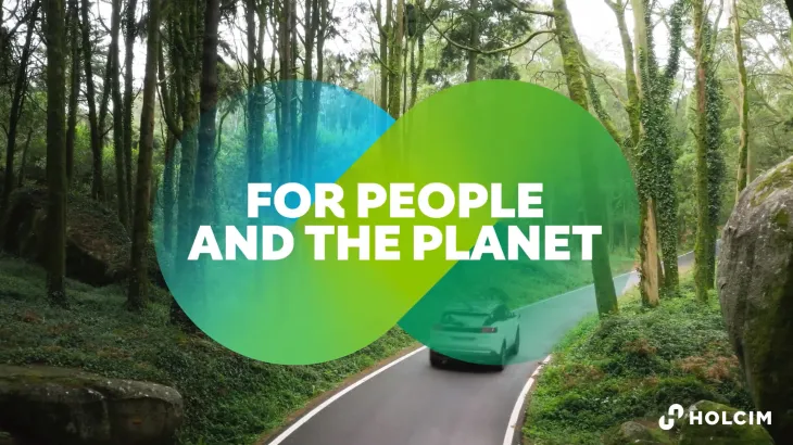 Car driving through forrest with text "For people and the planet"