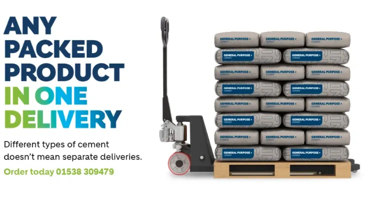 Pump truck holing a pallet of gneral purpose cement bags with text