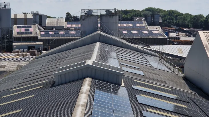Solar panels on factory rooftops at Aggregate Industries' Hulland Ward site