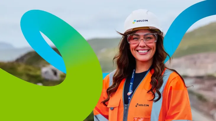 Swirl graphic with gradient behind a worker wearing PPE in a lush green environment