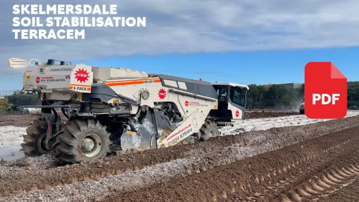Machinery moving through a muddy field with a PDF icon overlapping