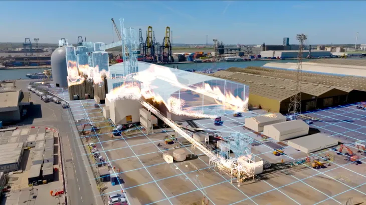 Tilbury docks in London with a holographic representation of the new cement terminal