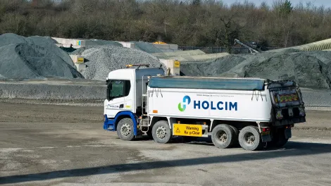 A Holcim UK tipper lorry at Bardon Hill Quarry in Leicestershire