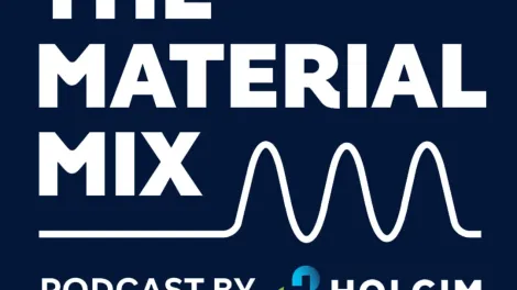 Text saying "The Material Mix Podcast by Holcim" with a wavy line graphic