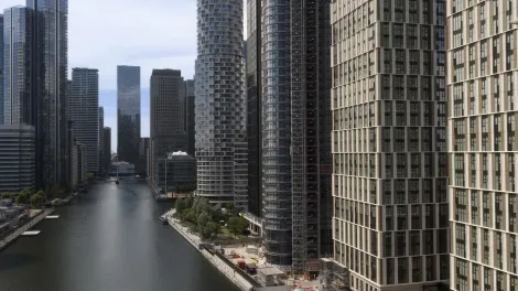 flying over the river at Wood Wharf