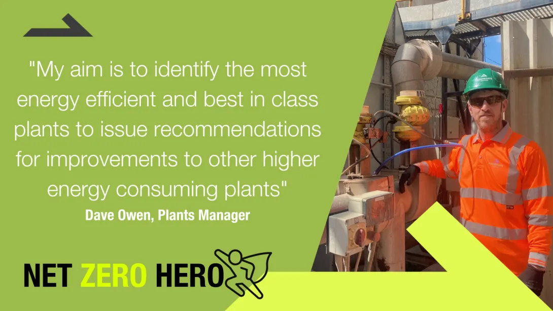 An illustrarted graphic featuring asphalt plant manager Dave Owen in high vis clothing alongside a quote. Dave has introduced a series of measures to reduce energy usage.