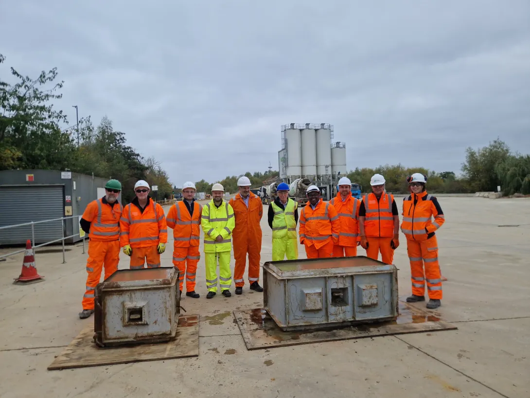 Representatives from Holcim and other industry bodies in PPE at the Whetstone Readymix plant where the recycled concrete fine trails took place.