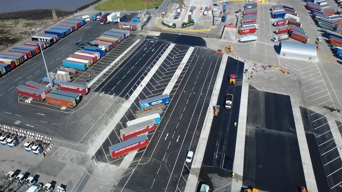 An aerial view of Heysham Port's newly constructed trailer park