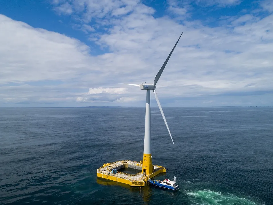 A floating offshore wind turbine developed by B W Ideol who have partnered with Holcim