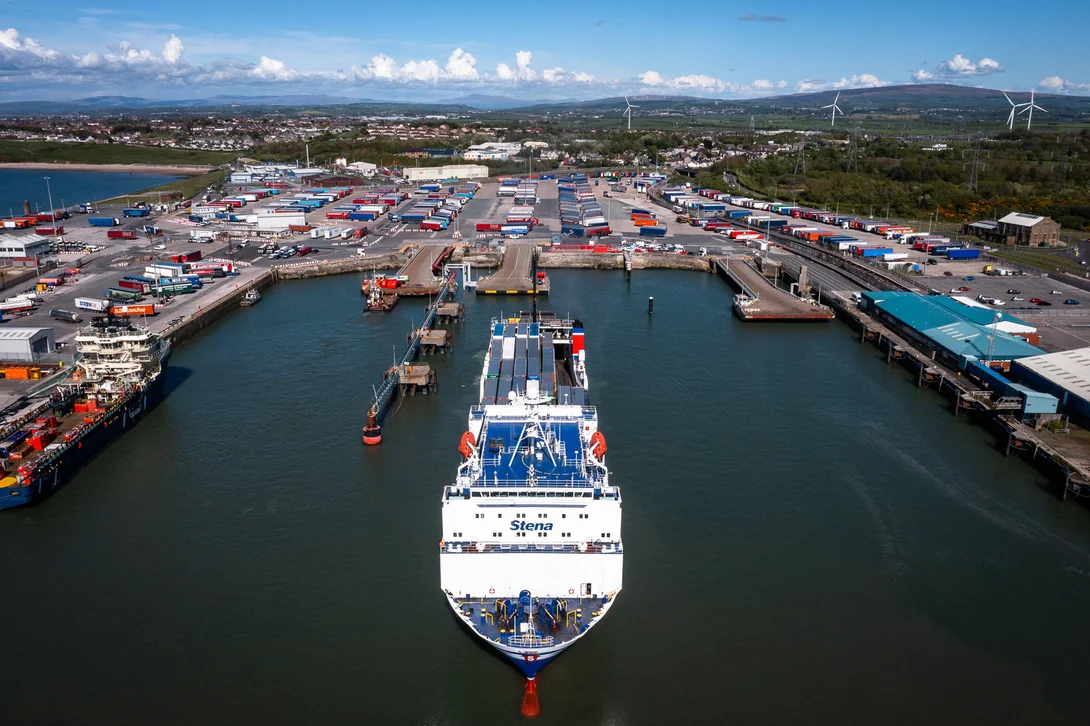 An aerial view of a ship docking at Heysham Port in Lancashire