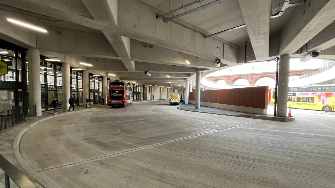 A bus at Stockport Interchange post construction