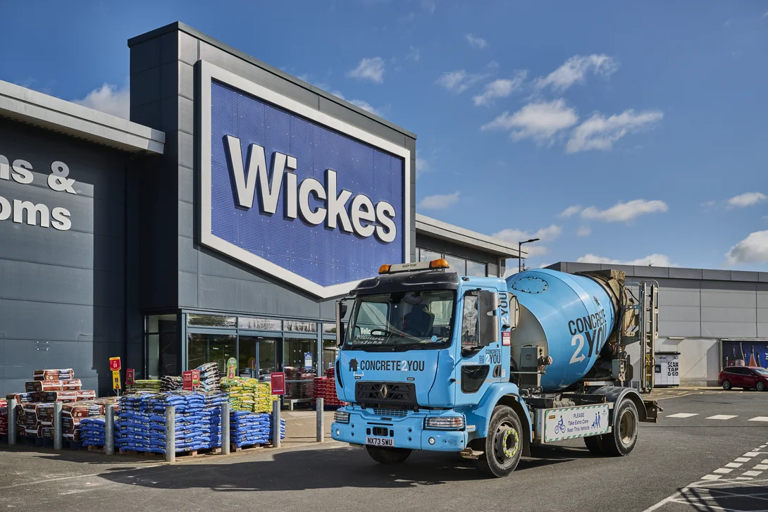Holcim's Concrete2You blue mixer truck outside the Wickes store in Wigston