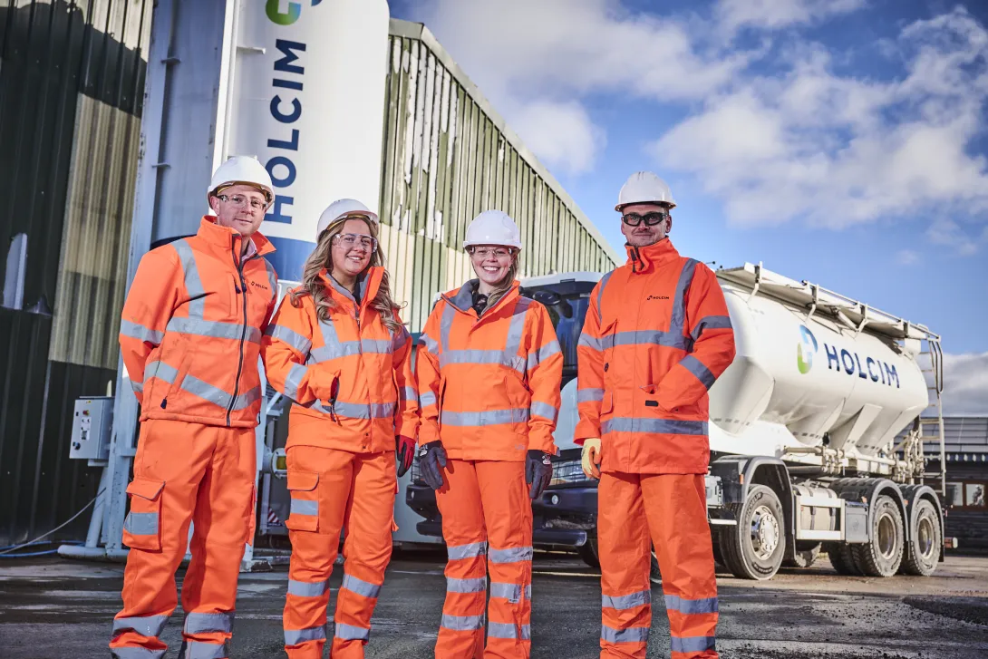 Members of the Holcim Mortars team in high viz PPE at the Wrexham plant