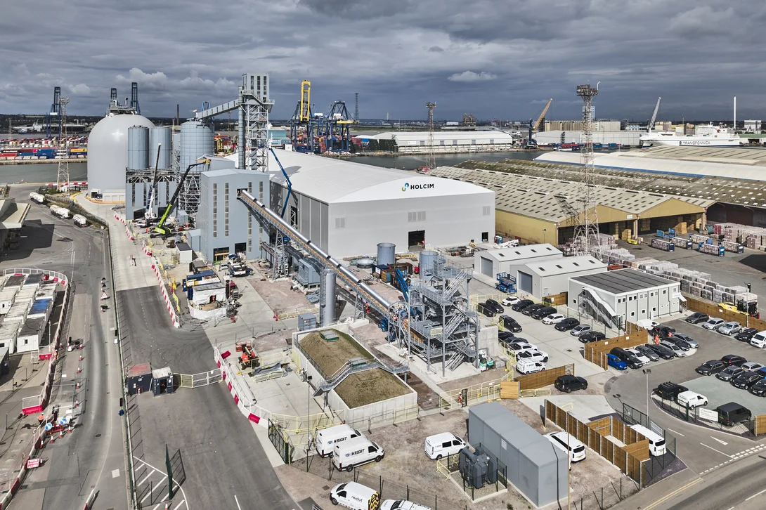 An aerial view of Holcim UK's Tilbury Cement site in June 2026 after it just became operational