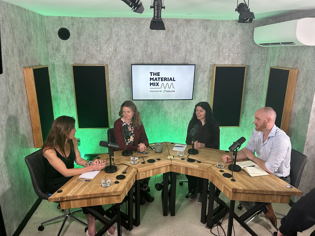 Guests in a studio taking part in Holcim's Material Mix podcast discussing nature and biodiversity