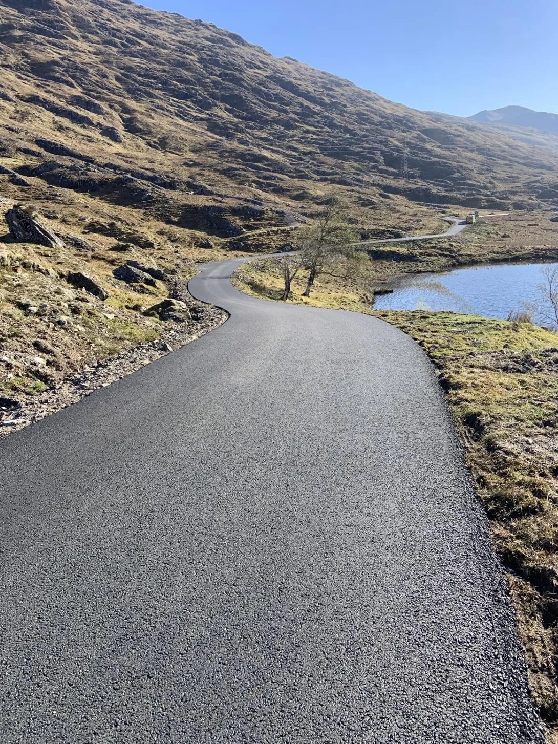 The resurfaced Kinloch Hourn single track road in the western Highlands which was supplied by Holcim